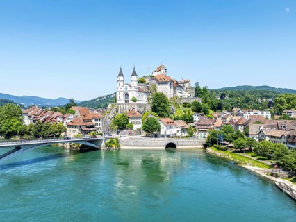 Aarburg town on the river Aare with church and fortress Aerial view from above in Aarburg,