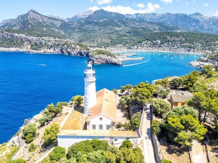 Port de Soller on Majorca with lighthouse aerial view holiday by the sea trip in Spain