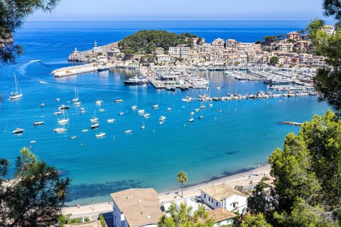 Port de Soller on Majorca from above holiday by the sea beach harbour with boats trip in Port de