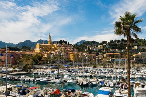 Town with colourful houses by the sea, Menton, Alpes Maritimes, Provence Alpes Cote d'Azur, French