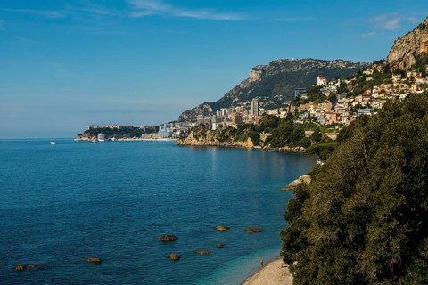 View of Roquebrune and Monaco, Plage du Golfe Bleu, Alpes Maritimes, Provence Alpes Cote d'Azur,