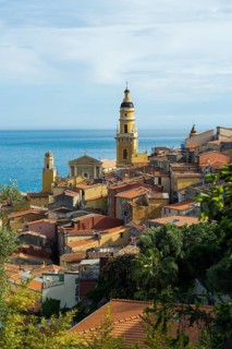Town with colourful houses by the sea, Menton, Alpes Maritimes, Provence Alpes Cote d'Azur, French