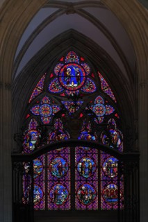 Interior view, stained glass window, coloured church windows, Cathédrale Notre-Dame de Bayeux,