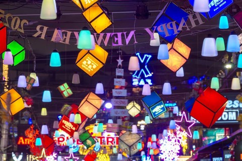 Neon lights, Pub Street in the evening, entertainment district with bars and restaurants, Siem