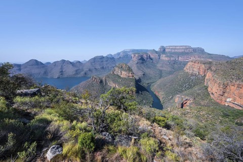 Panorama, Blyde River Canyon with Three Rondawels peak, view of canyon with Blyde River and Table