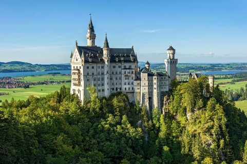 Neuschwanstein Castle by King Ludwig II above the Pöllat Gorge, fairytale castle in the