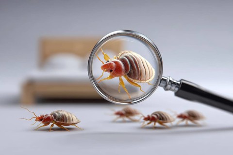 Bed bugs and dust mites concept with the magnifying glass. Allergy and old linen that contains