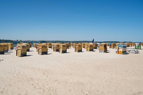 Beach chairs on the sandy beach, Laboe, Baltic seaside resort, fjord, Baltic Sea, North Frisia,