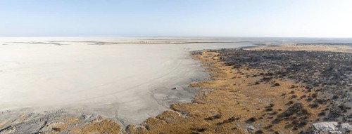 Rocky island with baobab trees in a dry salt pan, off-road vehicle on the salt pan, aerial view,