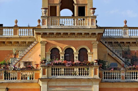 Magnificent city villa Palazzo Rosi with terraces, balconies, balustrades, stairs, arches, columns,