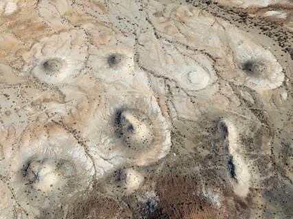 Conical rocks, so-called Prince Albert formations. Aerial view. Drone shot. Southern Namibia