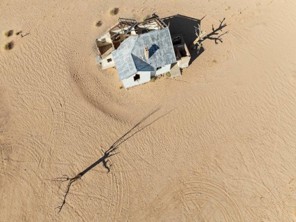 The long abandoned Garum train station in the southern Namib Desert. Aerial view. Drone shot.