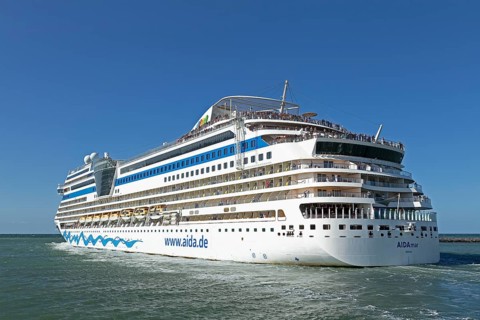 Cruise ship AIDA nova departs, Warnow, Warnemünde, Rostock, Mecklenburg-Western Pomerania, Germany