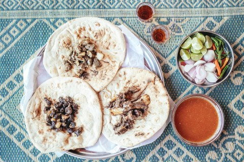 Traditional camel restaurant in Salalah, three kinds of camel meat (dry braised, boiled and