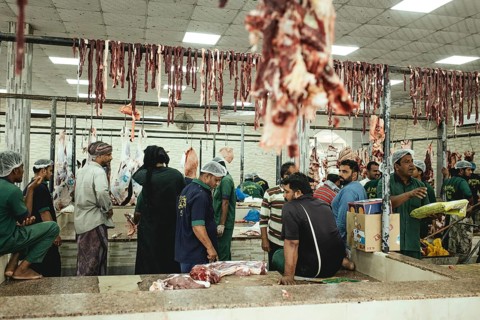 Market hall, section of camel butchers, Salalah, Dhofar, Oman