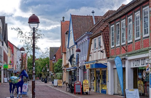 Buildings and shops in Lange Straße in the historic old town centre of Nienburg an der Weser.