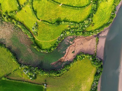 Top Down over Marshes over River Dart from a drone, Stoke Gabriel, Totnes, Devon, England, United