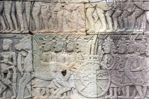 Stone bas-reliefs, Khmer war campaign against the Cham, relief wall, east façade, Bayon temple,