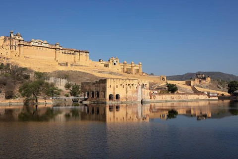 Amber Fort or fortress at Maota Lake on the Aravalli hill range, reflection in the water, Jaipur,