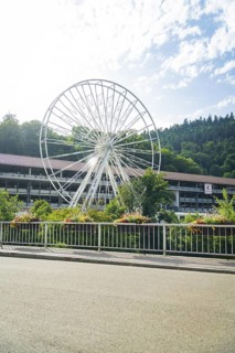 A partially erected Ferris wheel in front of a green forest backdrop on a clear summer day, Ferris