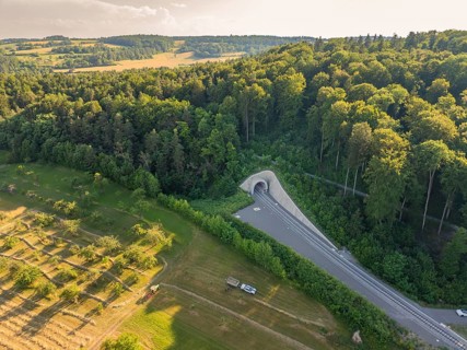 Aerial view of a railway tunnel in the middle of a dense forest and bordering agricultural fields,