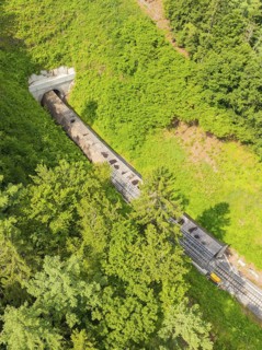 A train disappears into a tunnel, surrounded by forest in a bird's eye view, construction of the