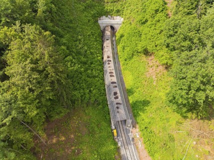 A train runs through a tunnel surrounded by dense forest, construction of the Hermann Hesse
