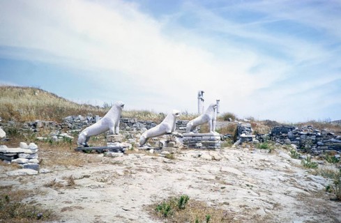 Stone statues of lions, Terrace of the Lions archaeological site, Delos, Cyclades archipelago,