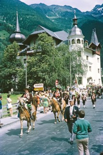 People in street procession through village of Oetz, Imst district, Tyrol, Austria, Europe, 1970