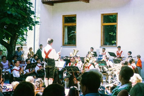 Male musical band performance wearing traditional clothes, Oetz, Imst district, Tyrol, Austria,