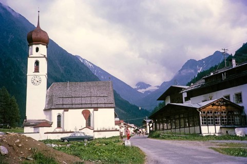Historic village buildings and church of Maria Hilf, Gries im Sulztal, Ötztal Alps, Tyrol, Austria,