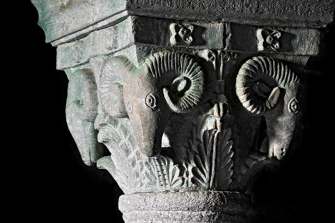 Column capital with ram, relief in stone, underground grove of columns, pagan crypt, 10th century,