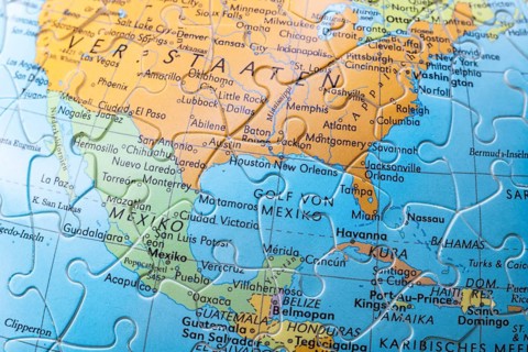 Puzzle globe. Map made from puzzle pieces. Gulf of Mexico