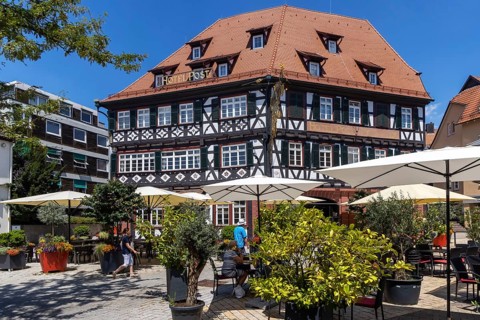 Town view of Nagold in the northern Black Forest. Half-timbered house Hotel Post on the suburban