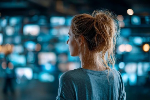 Concept of future entertainment and communication. Attractive young lady looking at wall of TVs, AI