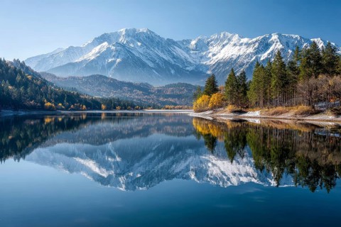 Alpine snow-peaked mountain landscape with trees reflecting in the water of pristine lake, AI