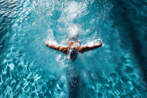 Muscular young swimmer swims in the lane. Concept of having purpose and determination and reaching