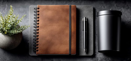 Minimalistic flat lay of office workflow productivity tools that improve efficiency and saving time