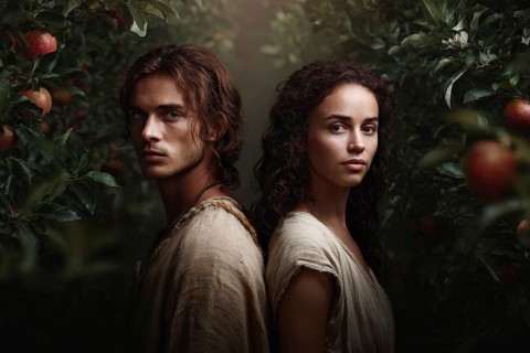 Bible story of Adam and Eve in Paradise Garden of Eden. Legend of Original sin and Temptation.