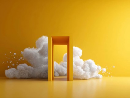 Abstract minimal yellow background with white clouds flying out the tunnel. Entrance to heavens, AI