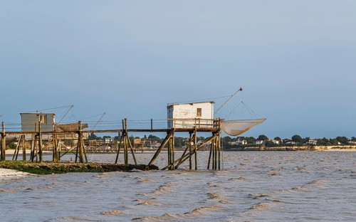 Fishing huts over Randonnee entre Histoire et Nature from a drone, Fouras, Fouras-les-Bains,