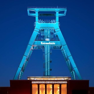 Illuminated headframe of the German Mining Museum at Extraschicht, Bochum, Ruhr area, North