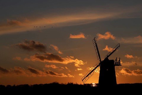 Windmill silhouette at sunset with a red sky and a skein or flock of Pink-footed geese (Anser