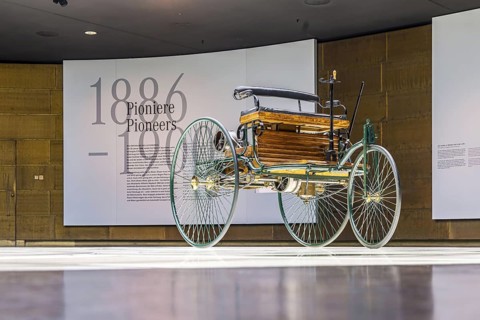 Benz Patent Motor Car from 1886 - the world's first petrol car. The Mercedes-Benz Museum in