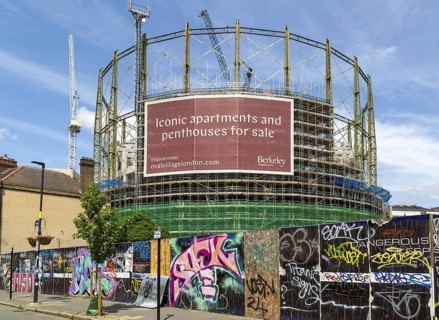 Construction project new apartments The Halo development inside Victorian gasometer, Oval Village