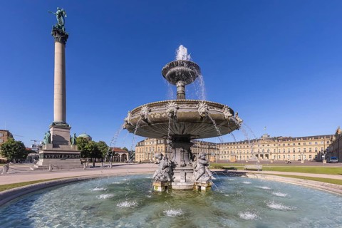 Schlossplatz Stuttgart with New Palace and fountain with fountain bowl. Place of interest in
