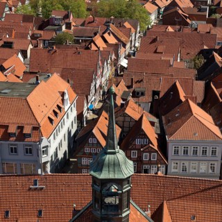 View from the town church tower over the roofs of the historic old town with its four hundred