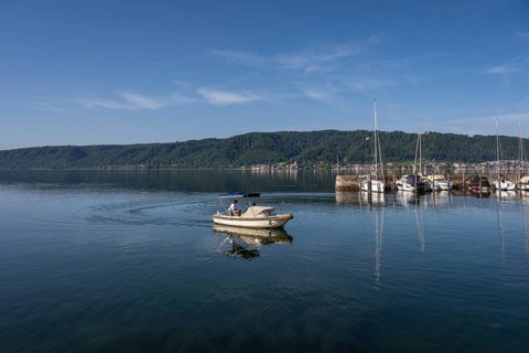 The harbour of Ludwigshafen, opposite the Lake Constance community of Bodman and the Bodanrück,