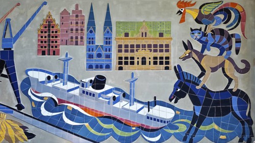Wall mosaic, 1950s in the reception hall, detail of the advertising space for Martin Brinkmann AG