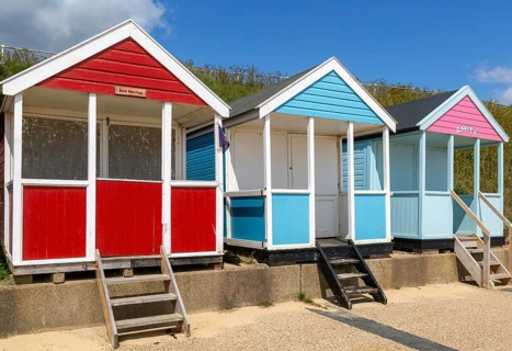 Seaside beach huts on the seafront at Southwold, Suffolk, England, UK
